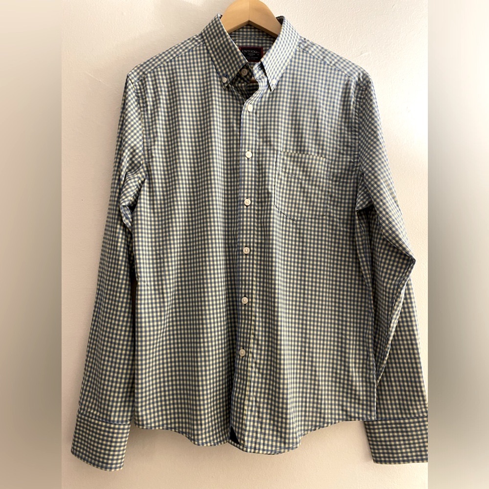 UNTUCKit Shirt Men Medium Performance Albarei Blue, Yellow Check Plaid Tech